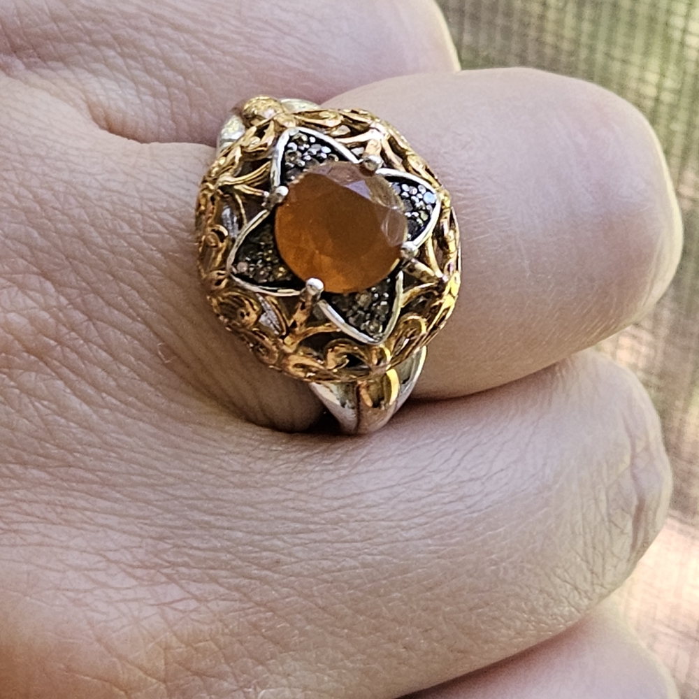 Victoria Wieck 1.32ct Fire Opal & Brown Diamond 2 tone ring- Size 7